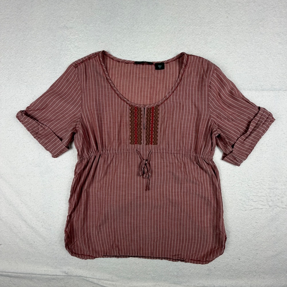 Eddie Bauer Womens XS Pink Striped Embroidered Empire Waist Cotton Blouse Top